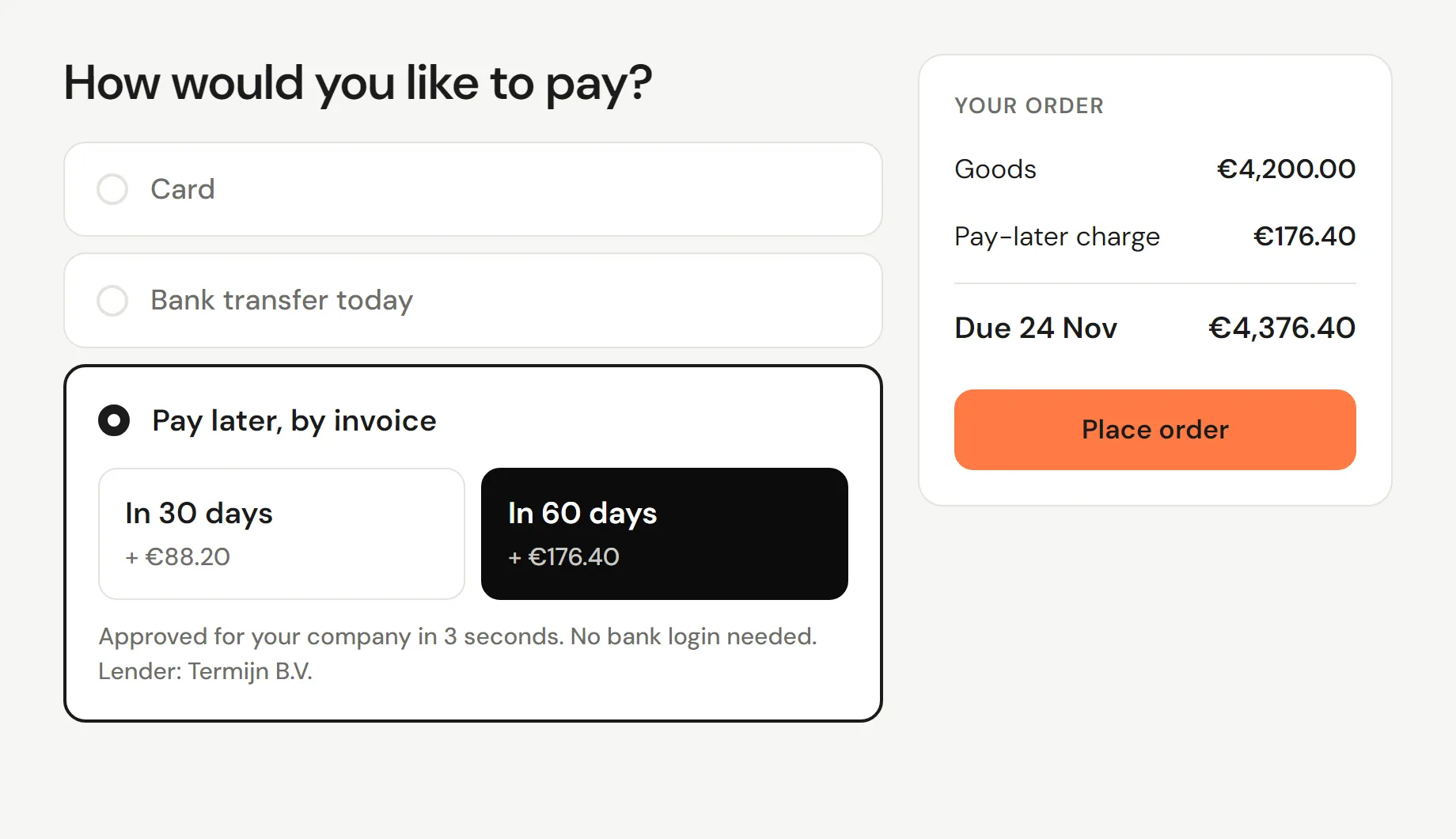 A partner’s checkout with pay in 30 or 60 days offered to a Swedish buyer, the charge printed beside each term