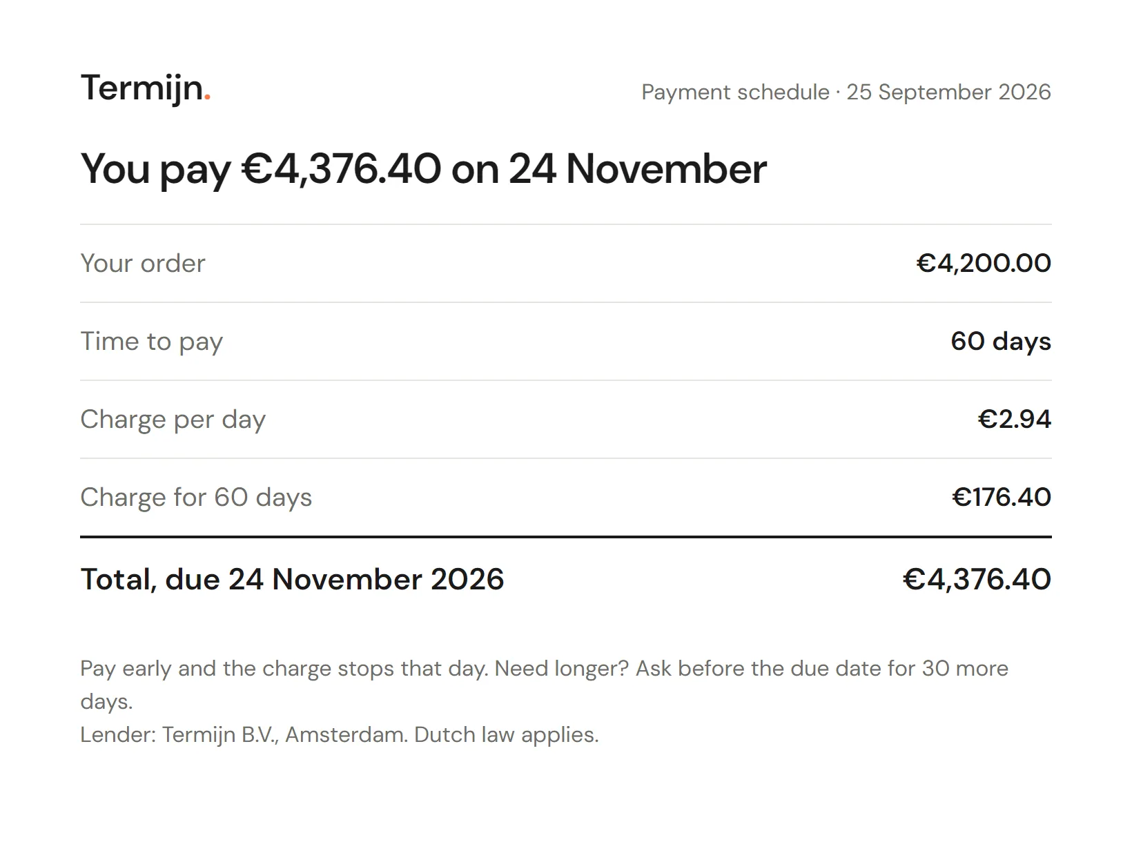 A payment schedule as a document: the amount, the term, the due date, the daily charge, the total, and Termijn B.V. as the lender